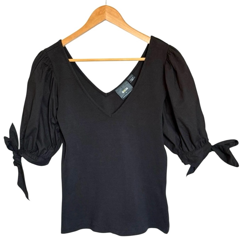 Maeve by Anthropologie black puff-sleeve black ribbed top MEDIUM - Picture 2 of 9
